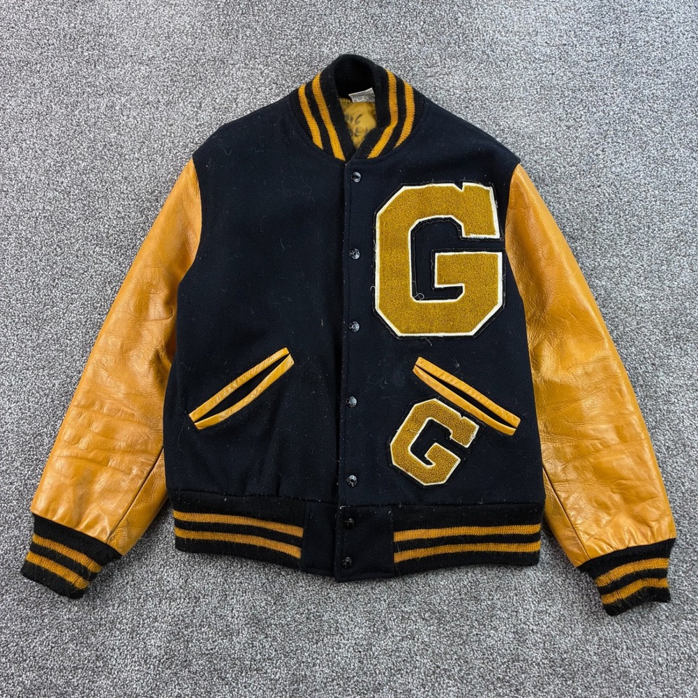 Vintage 70s Kaye Bros Varsity Jacket Mens XL Black Yellow Leather Wool Letterman
